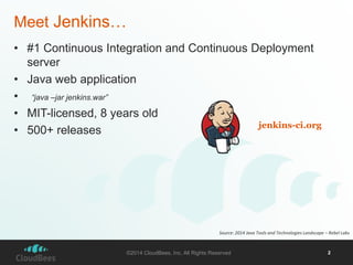 Meet Jenkins… 
• #1 Continuous Integration and Continuous Deployment 
©2014 CloudBees, Inc. All Rights Reserved 2 
server ...