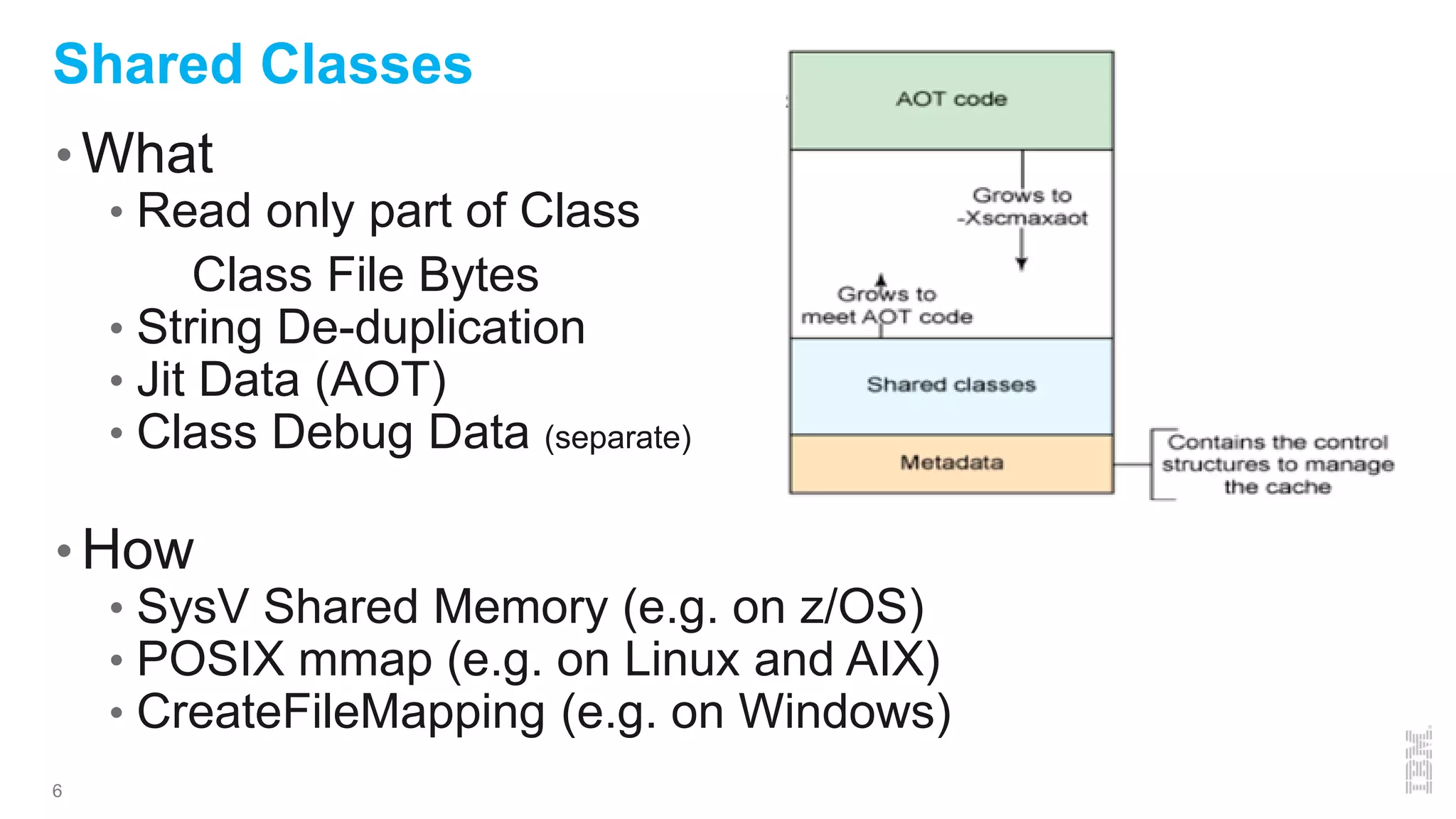 6
Shared Classes
• What
• Read only part of Class
• Class File Bytes
• String De-duplication
• Jit Data (AOT)
• Class Debug Data (separate)
• How
• SysV Shared Memory (e.g. on z/OS)
• POSIX mmap (e.g. on Linux and AIX)
• CreateFileMapping (e.g. on Windows)
 