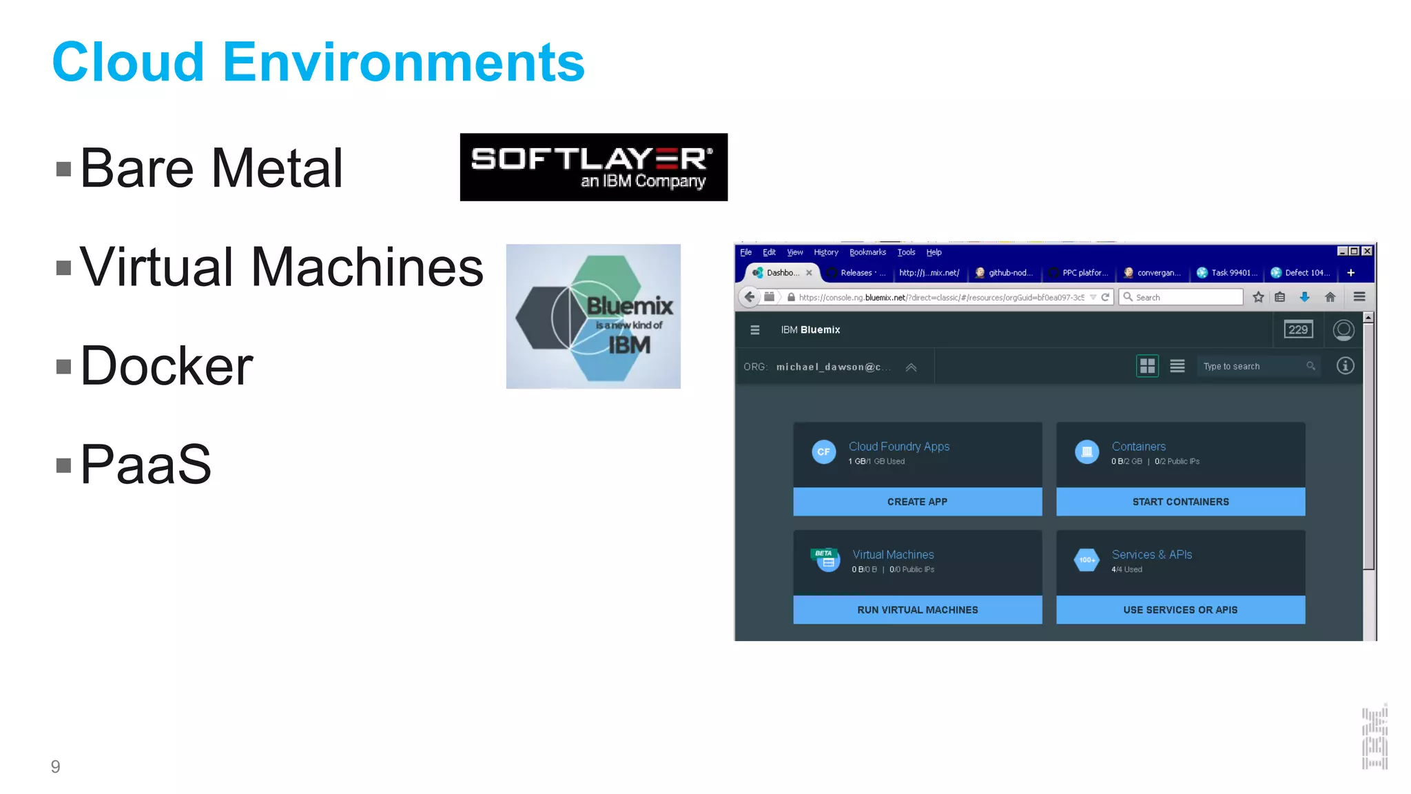 9
Cloud Environments
Bare Metal
Virtual Machines
Docker
PaaS
 