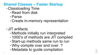 7
Shared Classes – Faster Startup
• Classloading Time
• Read from disk
• Parse
• Create in-memory representation
• JIT artifacts
• Methods initially run interpreted
• 1000’s of methods are JIT compiled
• Start-up methods same run to run
• Why compile over and over ?
• Metadata to guide compilation
 