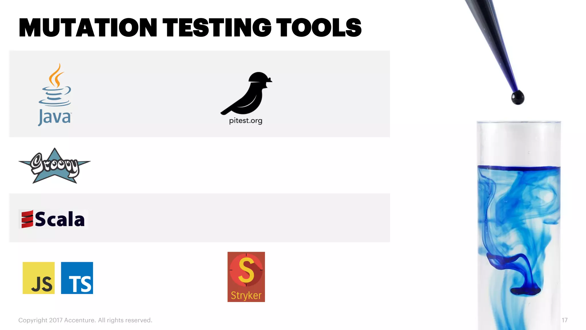 Copyright 2017 Accenture. All rights reserved. 17 MUTATION TESTING TOOLS 