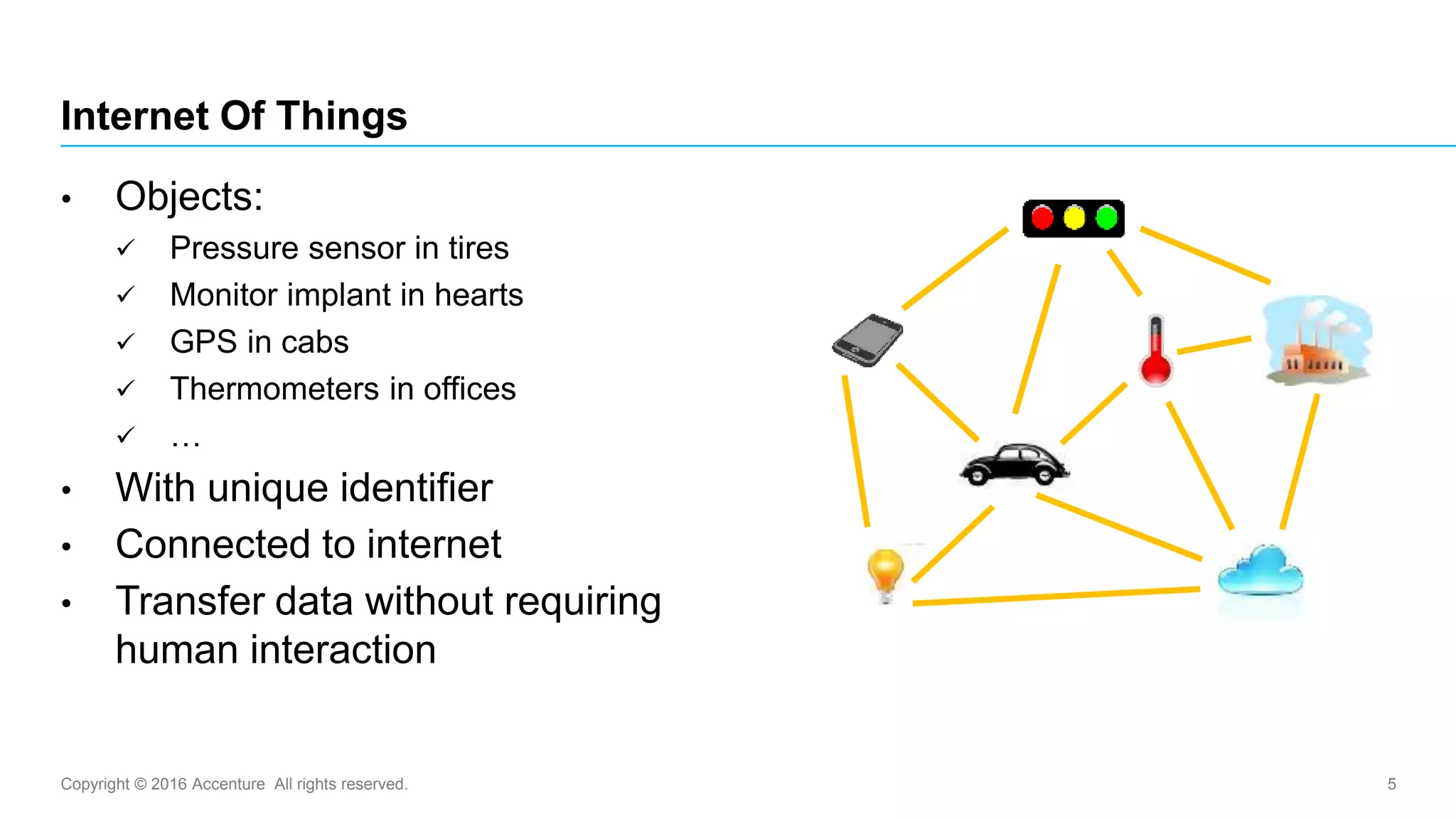 Copyright © 2016 Accenture All rights reserved. 5
Internet Of Things
• Objects:
 Pressure sensor in tires
 Monitor implant in hearts
 GPS in cabs
 Thermometers in offices
 …
• With unique identifier
• Connected to internet
• Transfer data without requiring
human interaction
 