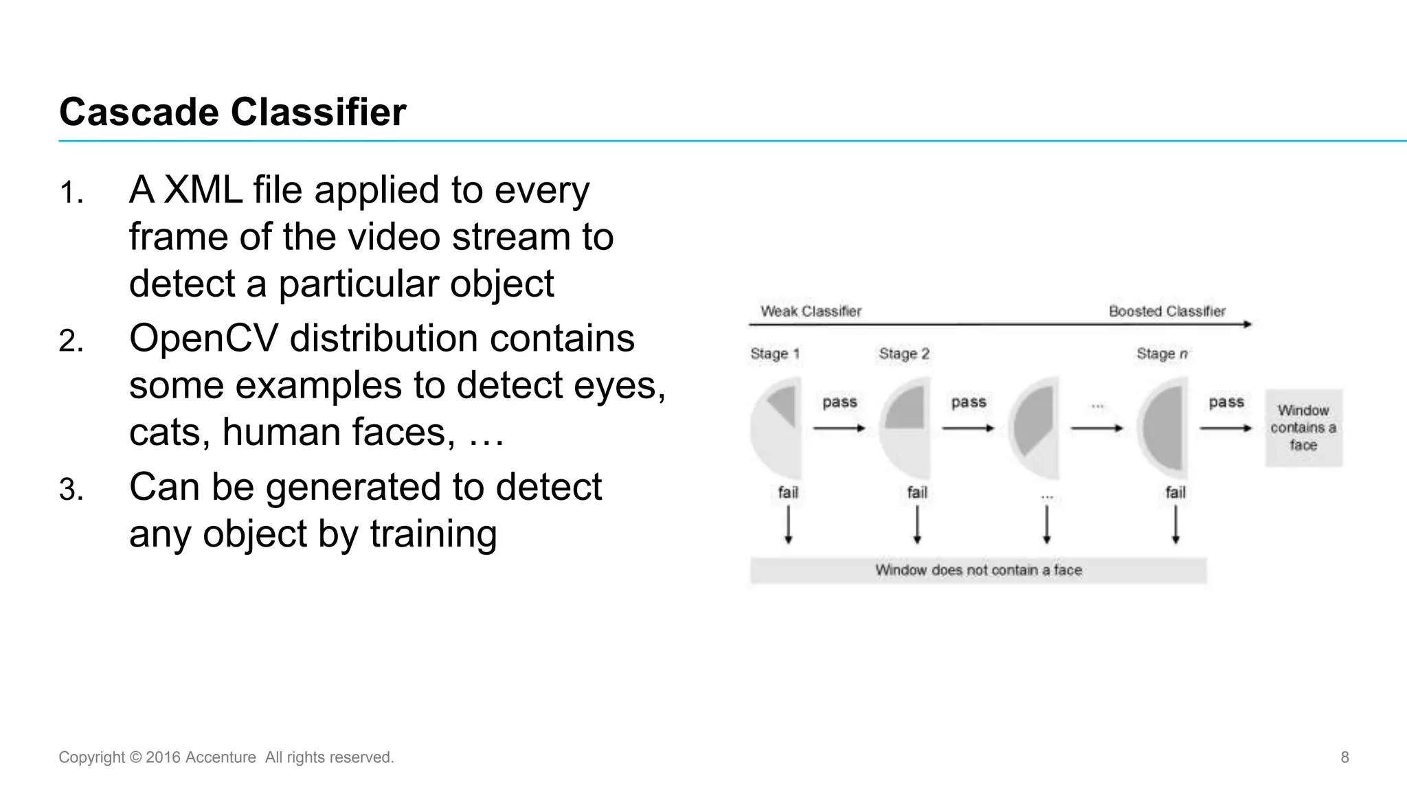 Copyright © 2016 Accenture All rights reserved. 8
Cascade Classifier
1. A XML file applied to every
frame of the video stream to
detect a particular object
2. OpenCV distribution contains
some examples to detect eyes,
cats, human faces, …
3. Can be generated to detect
any object by training
 