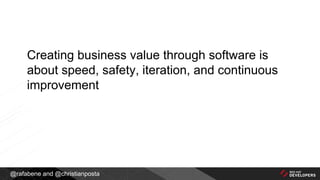 @rafabene and @christianposta
Creating business value through software is
about speed, safety, iteration, and continuous
improvement
 