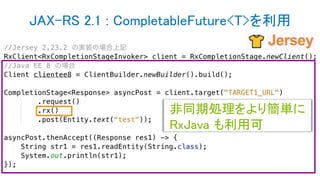 JAX-RS 2.1 : CompletableFuture<T>を利用
非同期処理をより簡単に
RxJava も利用可
 