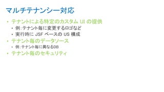 マルチテナンシー対応
• テナントによる特定のカスタム UI の提供
• テナント毎のデータソース
• テナント毎のセキュリティ
 