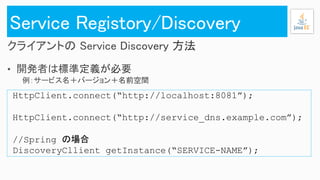 HttpClient.connect(“http://localhost:8081”);
HttpClient.connect(“http://service_dns.example.com”);
//Spring の場合
DiscoveryCllient getInstance(“SERVICE-NAME”);
 