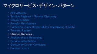 • API Gateway
• Service Registry / Service Discovery
• Circuit Breaker
• Polyglot Persistence
• Command Query Responsibility Segregation (CQRS)
• Tolerant Reader
• Chained Services
• Asynchronous Messaging
• Service Instantiation
• Consumer-Driven Contracts
• Domain Events
 