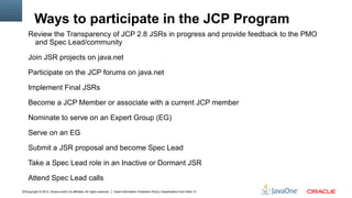Ways to participate in the JCP Program
    Review the Transparency of JCP 2.8 JSRs in progress and provide feedback to the PMO
     and Spec Lead/community

    Join JSR projects on java.net

    Participate on the JCP forums on java.net

    Implement Final JSRs

    Become a JCP Member or associate with a current JCP member

    Nominate to serve on an Expert Group (EG)

    Serve on an EG

    Submit a JSR proposal and become Spec Lead

    Take a Spec Lead role in an Inactive or Dormant JSR

    Attend Spec Lead calls
12Copyright © 2012, Oracle and/or its affiliates. All rights reserved.   Insert Information Protection Policy Classification from Slide 13
 