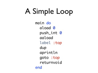 A Simple Loop
  main do
    aload 0
    push_int 0
    aaload
    label :top
    dup
    aprintln
    goto :top
    returnvoid
  end
 