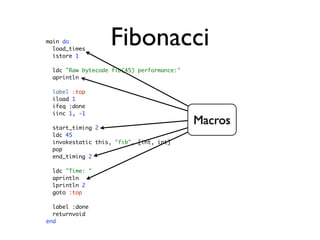 main do
  load_times
  istore 1
                   Fibonacci
  ldc "Raw bytecode fib(45) performance:"
  aprintln

  label...