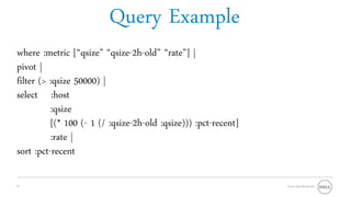 Query Example
where :metric [“qsize” “qsize-2h-old” “rate”] |
pivot |
filter (> :qsize 50000) |
select :host
          :qsize
          [(* 100 (- 1 (/ :qsize-2h-old :qsize))) :pct-recent]
          :rate |
sort :pct-recent

27                                                               Oracle OpenWorld 2011
 