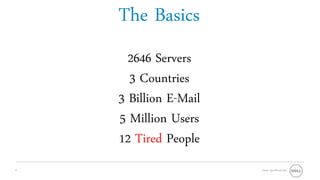 The Basics
      2646 Servers
      3 Countries
    3 Billion E-Mail
    5 Million Users
    12 Tired People
4                      Oracle OpenWorld 2011
 