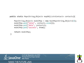  	
  	
  public	
  static	
  Map<String,Object>	
  mapOK(List<Contact>	
  contacts){

	
     	
     Map<String,Object>	
  modelMap	
  =	
  new	
  HashMap<String,Object>(3);
	
     	
     modelMap.put("total",	
  contacts.size());
	
     	
     modelMap.put("data",	
  contacts);
	
     	
     modelMap.put("success",	
  true);

	
     	
     return	
  modelMap;
	
     }
 