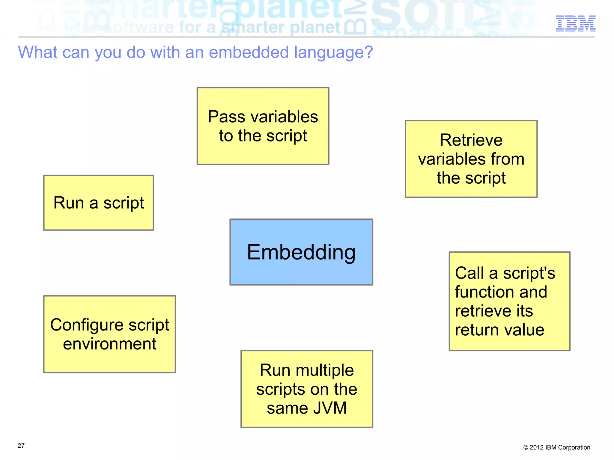 What can you do with an embedded language? Pass variables to the script Retrieve variables from the script Run a script Embedding Call a script's function and retrieve its Configure script return value environment Run multiple scripts on the same JVM 27 © 2012 IBM Corporation 