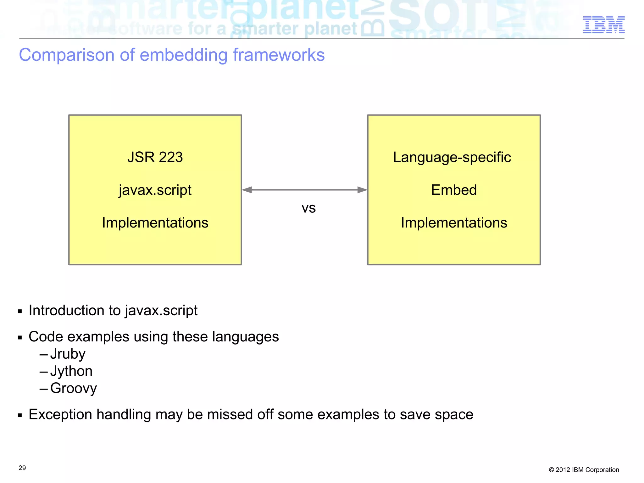 Comparison of embedding frameworks JSR 223 Language-specific javax.script Embed vs Implementations Implementations ■ Introduction to javax.script ■ Code examples using these languages – Jruby – Jython – Groovy ■ Exception handling may be missed off some examples to save space 29 © 2012 IBM Corporation 