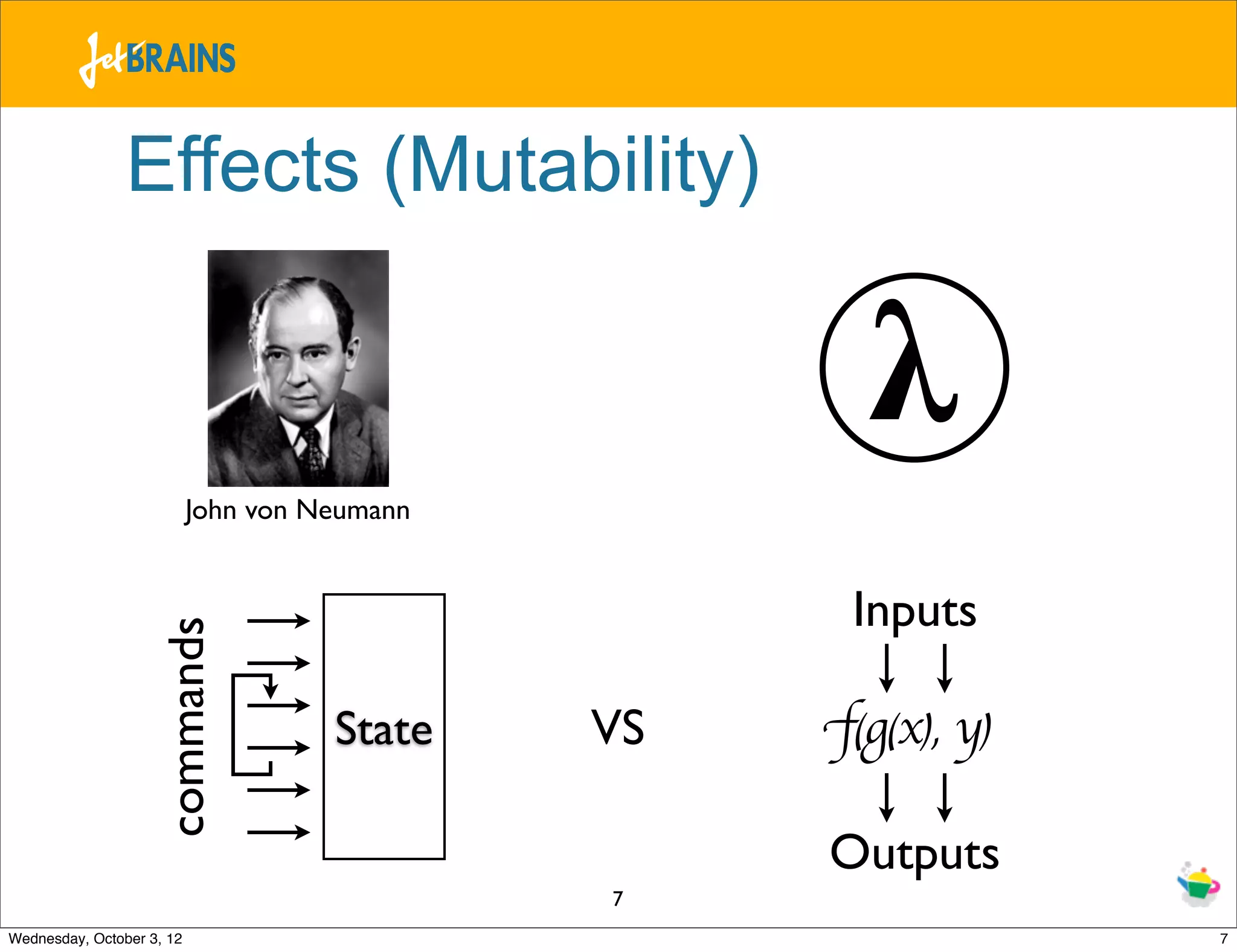 Effects (Mutability) 𝛌 John von Neumann Inputs commands State VS f(g(x), y) Outputs 7 Wednesday, October 3, 12 7 