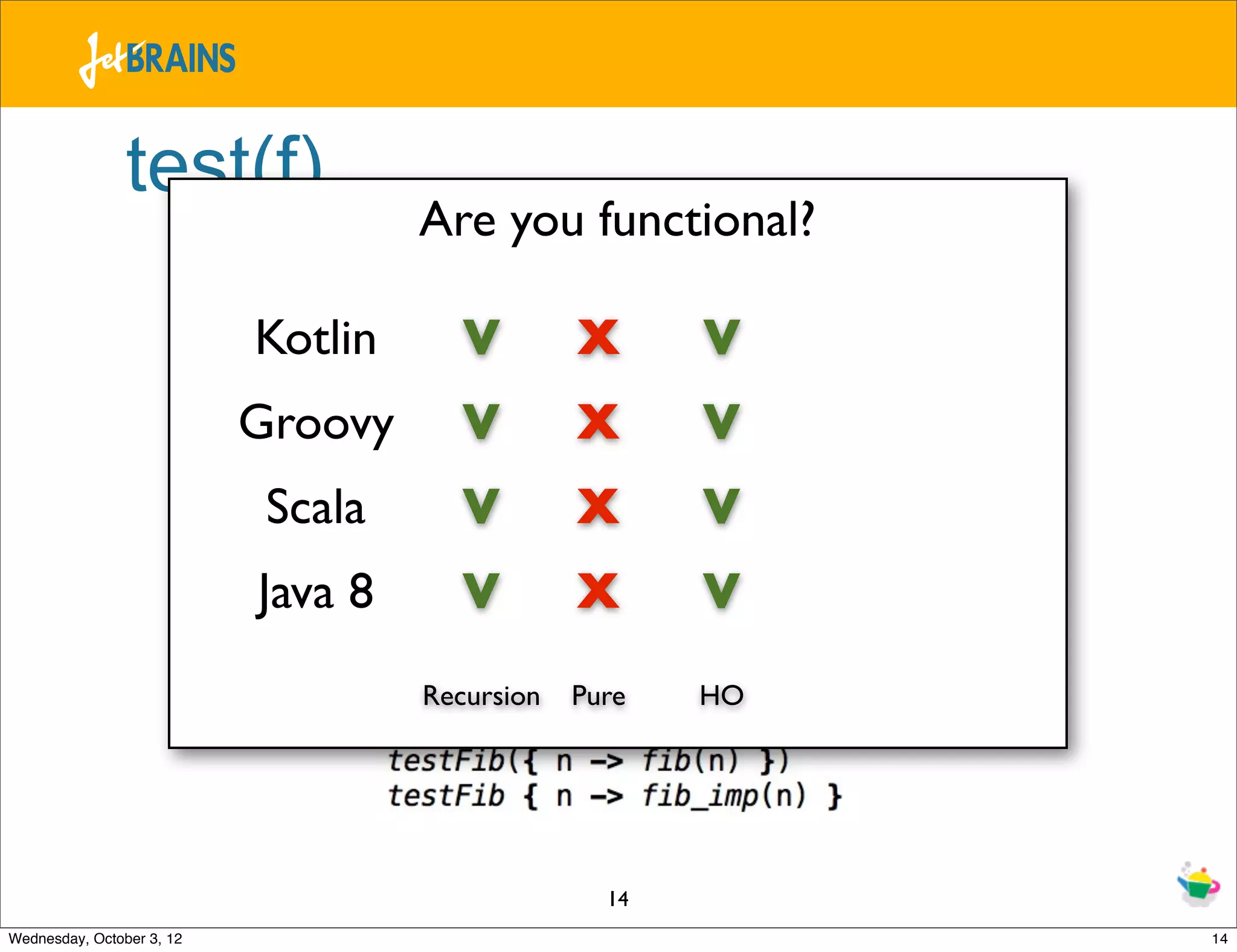 test(f) Are you functional? Kotlin V X V Groovy V X V Scala V X V Java 8 V X V Recursion Pure HO 14 Wednesday, October 3, 12 14 