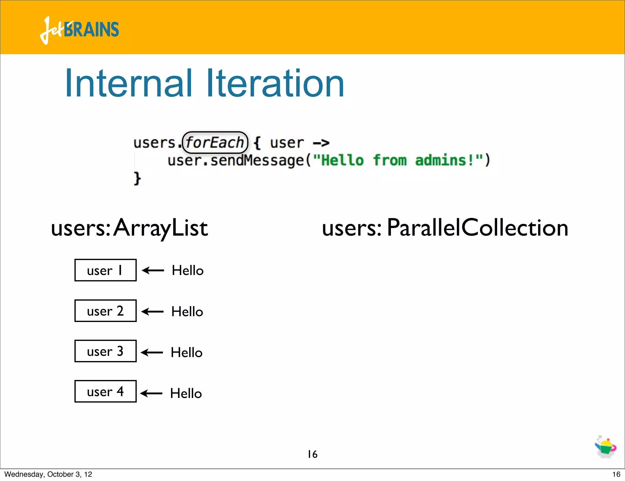 Internal Iteration users: ArrayList users: ParallelCollection user 1 Hello user 2 Hello user 3 Hello user 4 Hello 16 Wednesday, October 3, 12 16 