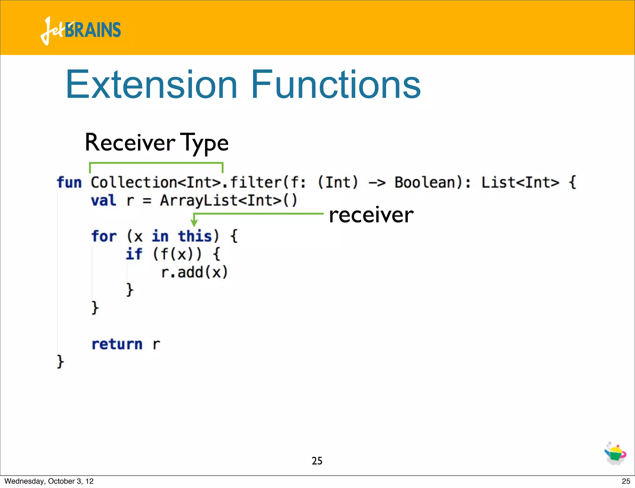 Extension Functions Receiver Type receiver 25 Wednesday, October 3, 12 25 