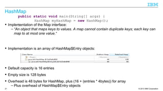 © 2013 IBM Corporation21
HashMap
 Implementation of the Map interface:
– “An object that maps keys to values. A map cannot contain duplicate keys; each key can
map to at most one value.“
 Implementation is an array of HashMap$Entry objects:
 Default capacity is 16 entries
 Empty size is 128 bytes
 Overhead is 48 bytes for HashMap, plus (16 + (entries * 4bytes)) for array
– Plus overhead of HashMap$Entry objects
public static void main(String[] args) {
HashMap myHashMap = new HashMap();
}
 