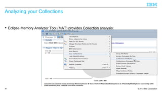 © 2013 IBM Corporation41
Analyzing your Collections
 Eclipse Memory Analyzer Tool (MAT) provides Collection analysis:
 