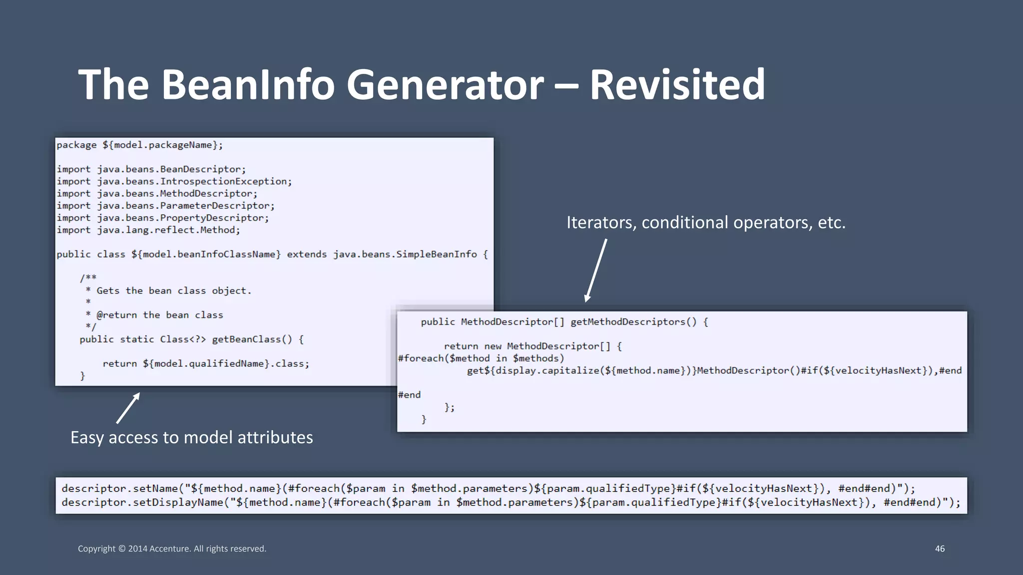 The BeanInfo Generator – Revisited Easy access to model attributes Iterators, conditional operators, etc. Copyright © 2014 Accenture. All rights reserved. 46 