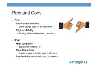 Pros and Cons 
• Pros 
• Low maintenance cost 
• Same source code for all customers 
• High scalability 
• Sharing resources between customers 
• Cons 
• High complexity 
• Separation by tenant-id 
• More failure risks 
• If code breaks -> breaks to all customers 
• Low flexibility available to the customers 
 