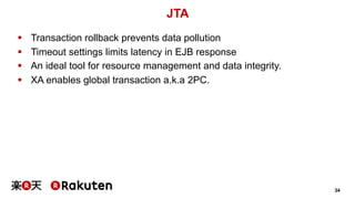 34 
JTA 
§ Transaction rollback prevents data pollution 
§ Timeout settings limits latency in EJB response 
§ An ideal tool for resource management and data integrity. 
§ XA enables global transaction a.k.a 2PC. 
 