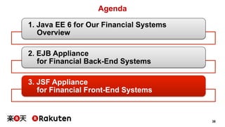 38 
Agenda 
1. Java EE 6 for Our Financial Systems 
Overview 
2. EJB Appliance 
for Financial Back-End Systems 
3. JSF Appliance 
for Financial Front-End Systems 
 