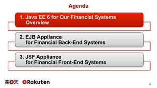 4 
Agenda 
1. Java EE 6 for Our Financial Systems 
Overview 
2. EJB Appliance 
for Financial Back-End Systems 
3. JSF Appliance 
for Financial Front-End Systems 
 