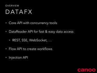 OVERVIEW 
DATAFX 
• Core API with concurrency tools 
• DataReader API for fast & easy data access 
• REST, SSE, WebSocket, … 
• Flow API to create workflows 
• Injection API 
 