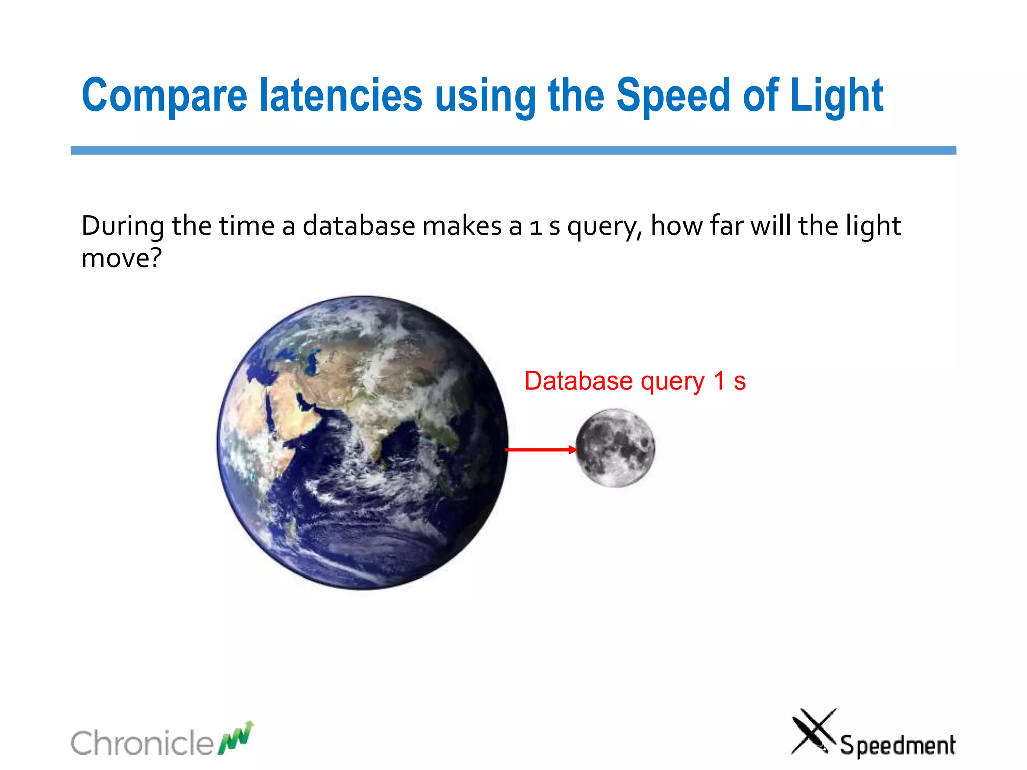 Compare latencies using the Speed of Light
Database query 1 s
During the time a database makes a 1 s query, how far will the light
move?
 
