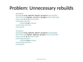 <plugin>
<groupId>org.apache.maven.plugins</groupId>
<artifactId>maven-install-plugin</artifactId>
<version>2.5.2</version>
<configuration>
<skip>true</skip>
</configuration>
</plugin>
<plugin>
<groupId>org.apache.maven.plugins</groupId>
<artifactId>maven-deploy-plugin</artifactId>
<version>2.8.2</version>
<configuration>
<skip>true</skip>
</configuration>
</plugin>
Problem: Unnecessary rebuilds
@AbrahamMarin
 