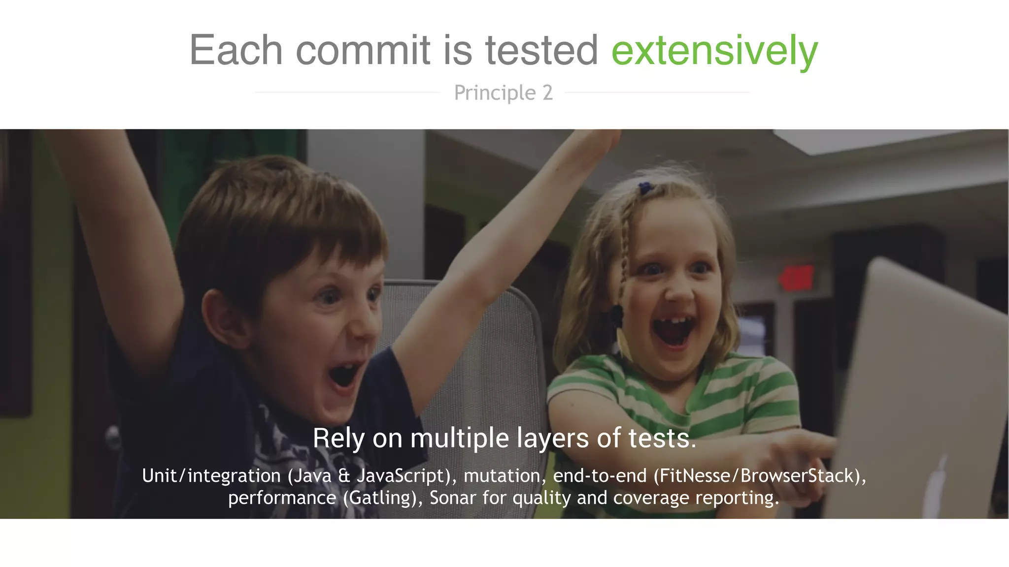 Unit/integration (Java & JavaScript), mutation, end-to-end (FitNesse/BrowserStack),
performance (Gatling), Sonar for quality and coverage reporting.
Rely on multiple layers of tests.
Each commit is tested extensively
Principle 2
 