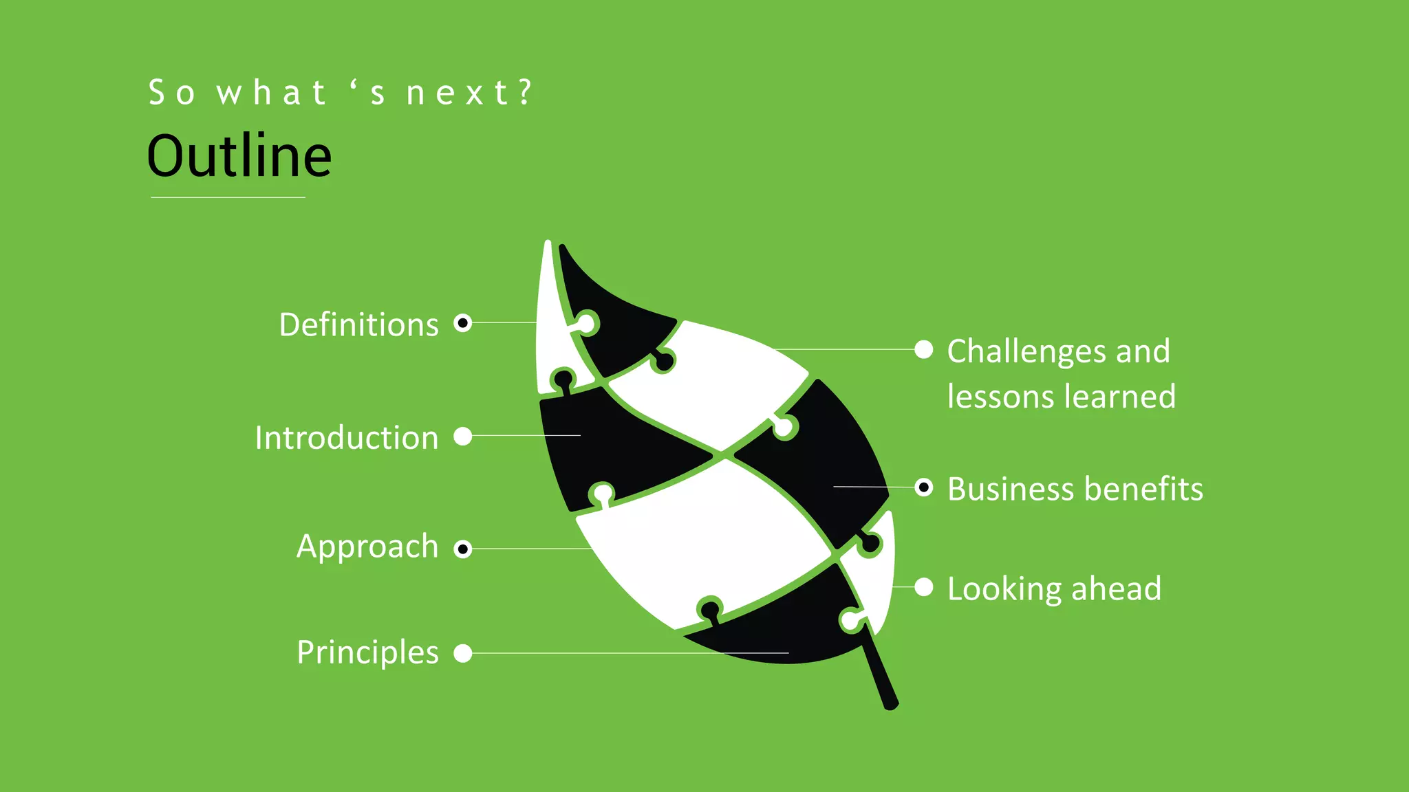 Outline
S o w h a t ‘ s n e x t ?
Approach
Principles
Introduction
Definitions
Challenges	
  and	
  
lessons	
  learned
Business	
  benefits
Looking	
  ahead
 