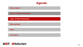 10
Agenda
What’s Batch ?
History of batch frameworks
Types of batch frameworks
Best practices
Demo
Conclusion
 