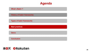 39
Agenda
What’s Batch ?
History of batch frameworks
Types of batch frameworks
Best practices
Demo
Conclusion
 
