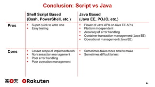 44
Conclusion: Script vs Java
Shell Script Based
(Bash, PowerShell, etc.)
Java Based
(Java EE, POJO, etc.)
Pros § Super quick to write one
§ Easy testing
§ Power of Java APIs or Java EE APIs
§ Platform independent
§ Accuracy of error handling
§ Container transaction management (Java EE)
§ Operational management(Java EE)
Cons § Lesser scope of implementation
§ No transaction management
§ Poor error handling
§ Poor operation management
§ Sometimes takes more time to make
§ Sometimes difficult to test
 