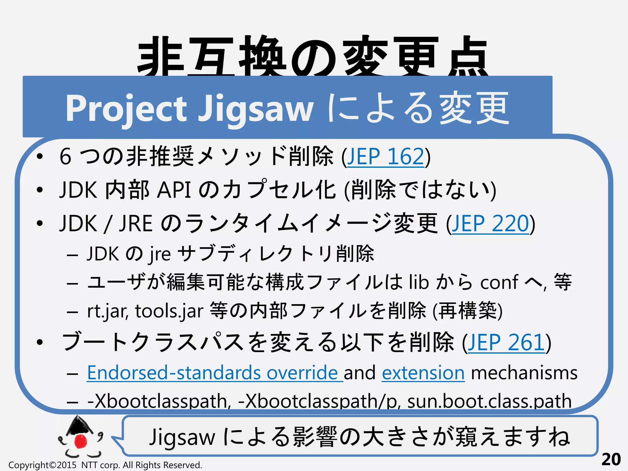 非互換 変更点
• New version-string format, “_” 1文 命 禁
• 6 非推奨 ソ 削除 (JEP 162)
• JDK 内部 API セ 化 (削除 い)
• JDK / JRE ン ー 変更 (JEP 220)
– JDK jre 削除
– ー 編集可能 構成 lib conf へ, 等
– rt.jar, tools.jar 等 内部 削除 (再構築)
• ー 変え 以 削除 (JEP 261)
– Endorsed-standards override and extension mechanisms
– -Xbootclasspath, -Xbootclasspath/p, sun.boot.class.path
Jigsaw 影響 大 さ 窺え
Copyright©2015 NTT corp. All Rights Reserved. 20
Project Jigsaw 変更
 