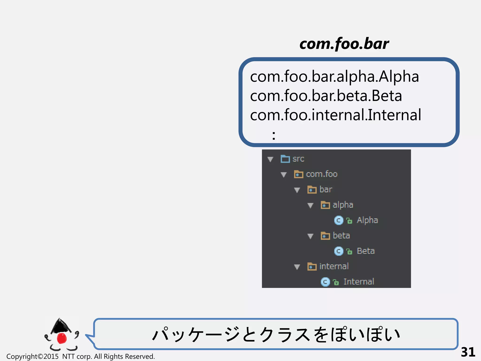 ー い い
Copyright©2015 NTT corp. All Rights Reserved. 31
com.foo.bar
com.foo.bar.alpha.Alpha
com.foo.bar.beta.Beta
com.foo.internal.Internal
：
 