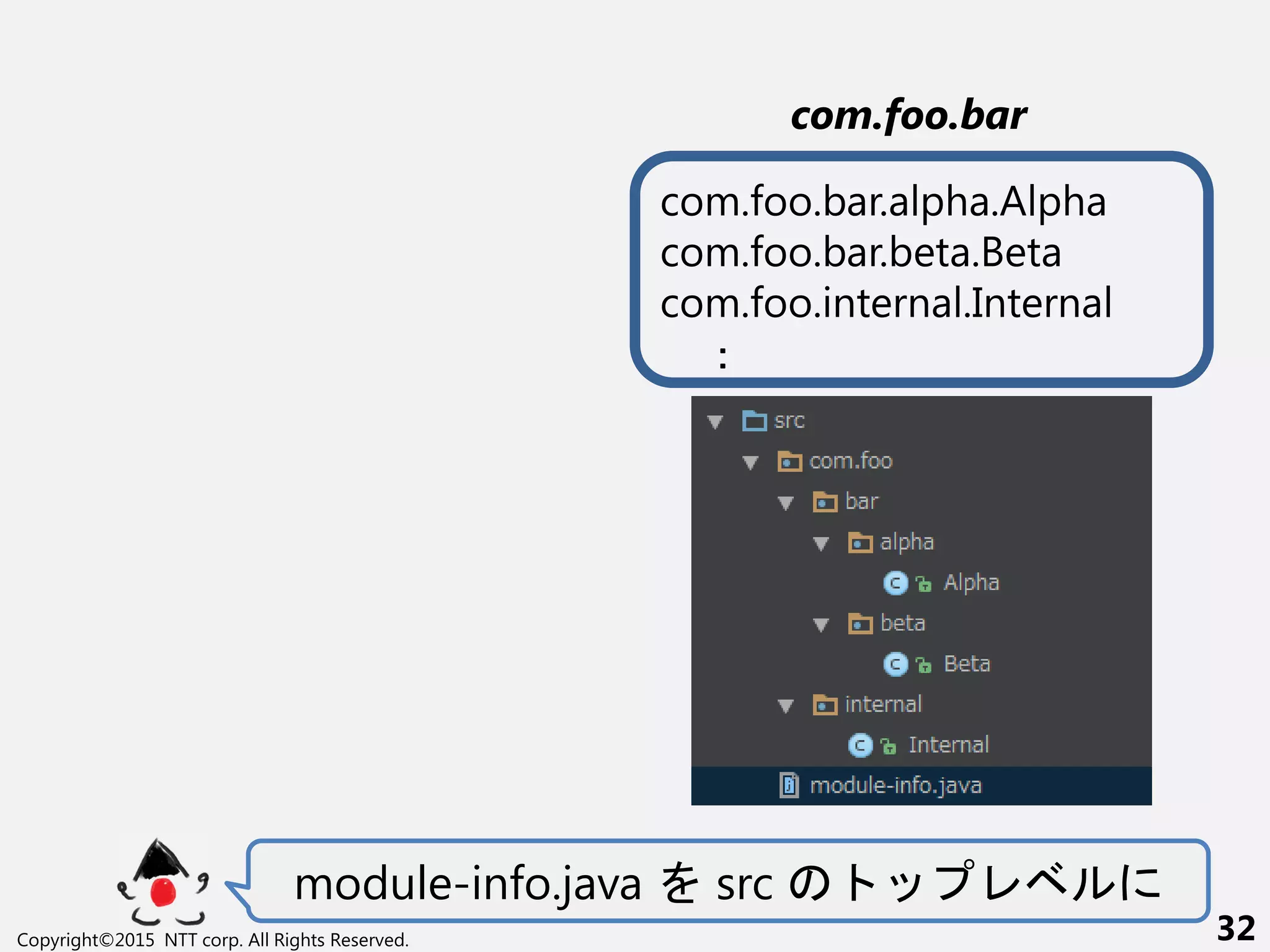 module-info.java src ベ
Copyright©2015 NTT corp. All Rights Reserved. 32
com.foo.bar
com.foo.bar.alpha.Alpha
com.foo.bar.beta.Beta
com.foo.internal.Internal
：
 