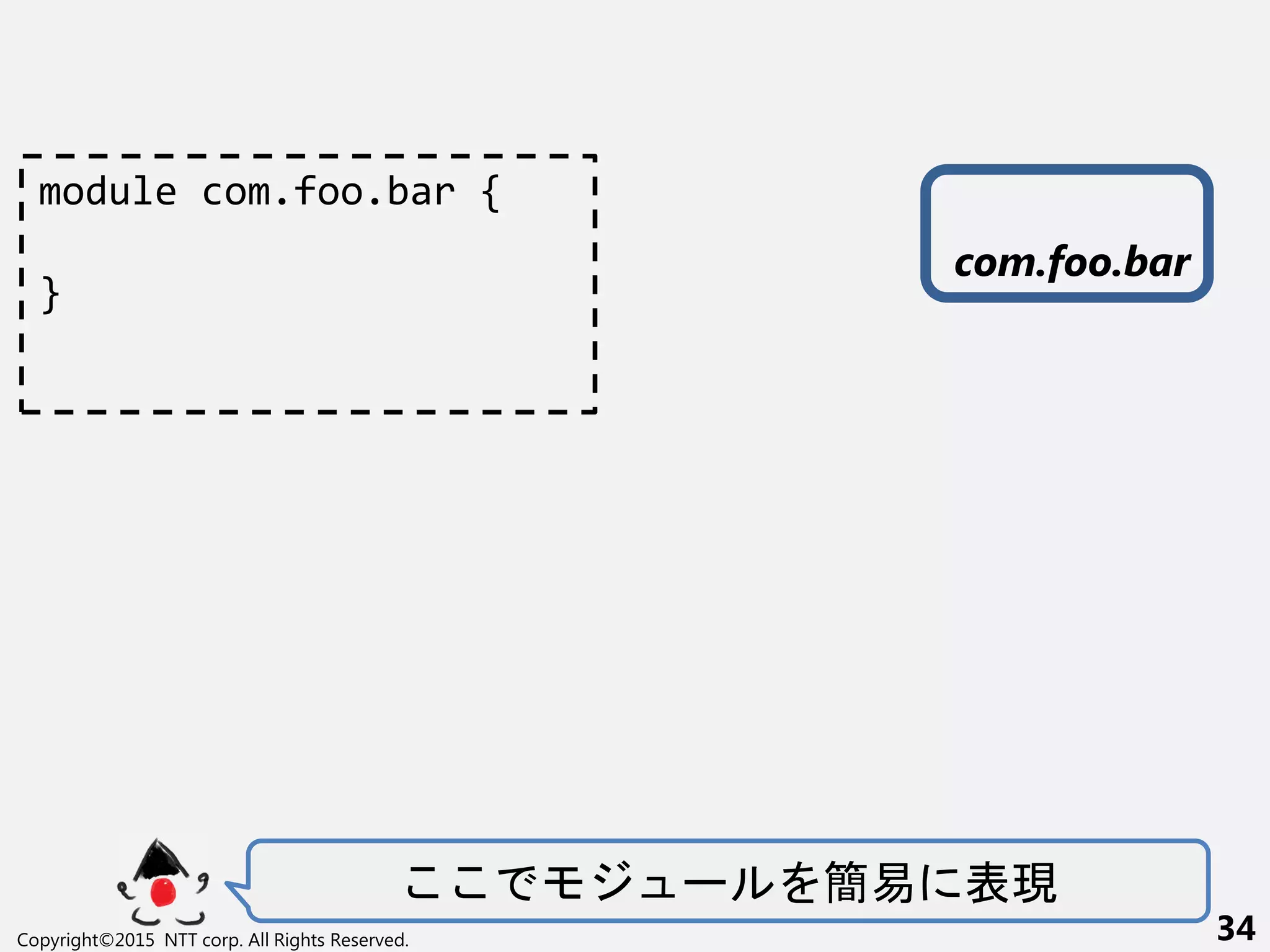 ー 簡易 表現
Copyright©2015 NTT corp. All Rights Reserved. 34
module com.foo.bar {
}
com.foo.bar
 