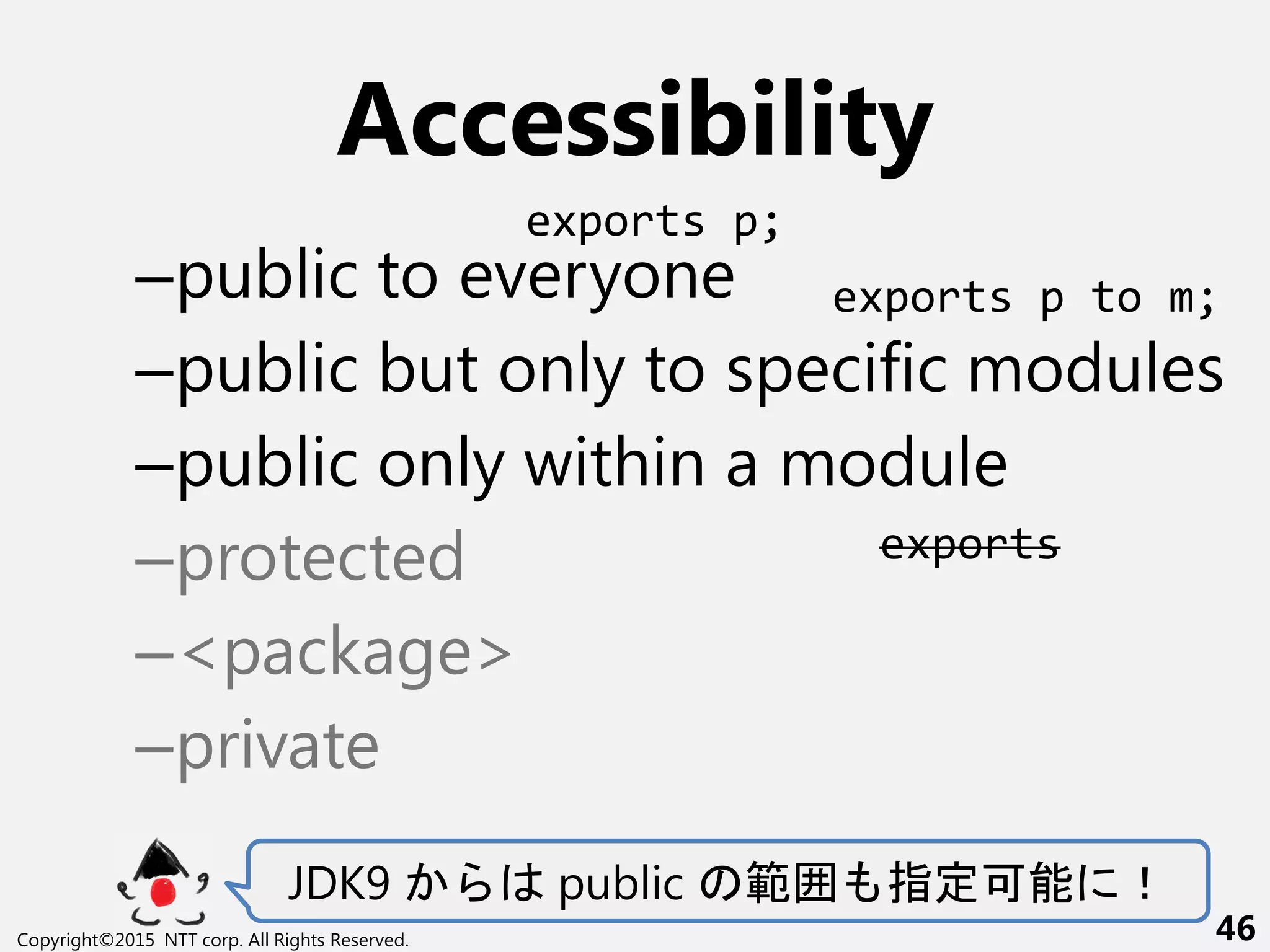 Accessibility
–public to everyone
–public but only to specific modules
–public only within a module
–protected
–<package>
–private
JDK9 public 範 指定可能 ！
Copyright©2015 NTT corp. All Rights Reserved. 46
exports p;
exports p to m;
exports
 