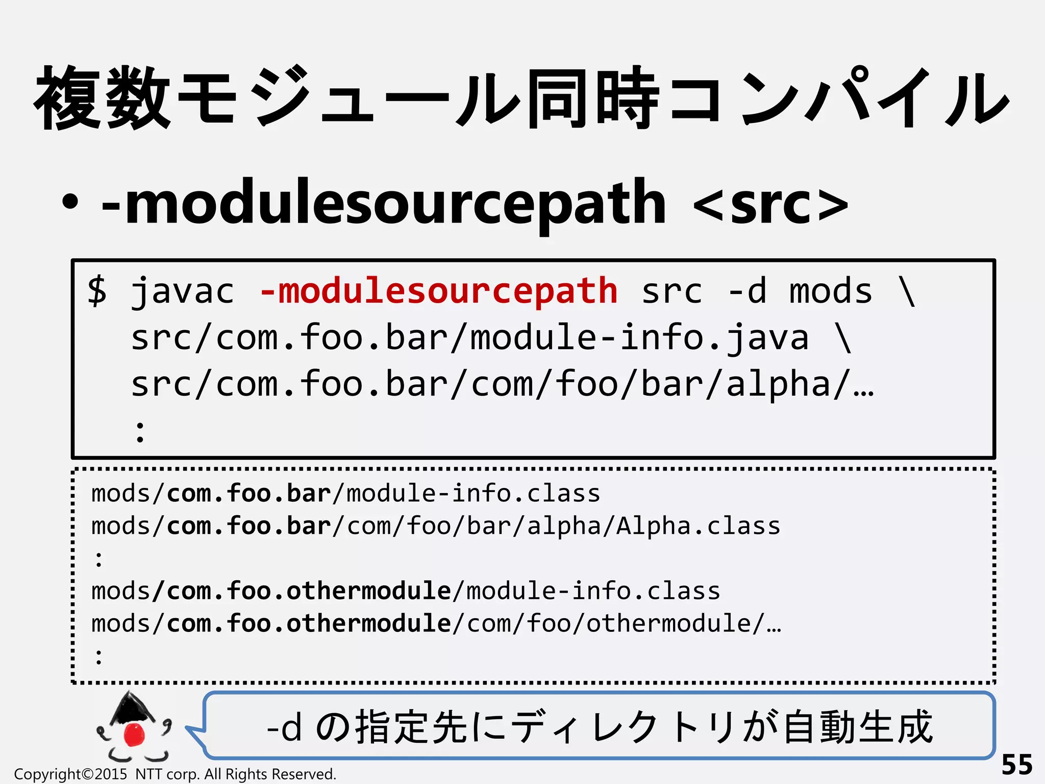 複数 ー 時コン
• -modulesourcepath <src>
-d 指定先 自動生成
Copyright©2015 NTT corp. All Rights Reserved. 55
$ javac -modulesourcepath src -d mods 
src/com.foo.bar/module-info.java 
src/com.foo.bar/com/foo/bar/alpha/…
:
mods/com.foo.bar/module-info.class
mods/com.foo.bar/com/foo/bar/alpha/Alpha.class
:
mods/com.foo.othermodule/module-info.class
mods/com.foo.othermodule/com/foo/othermodule/…
:
 