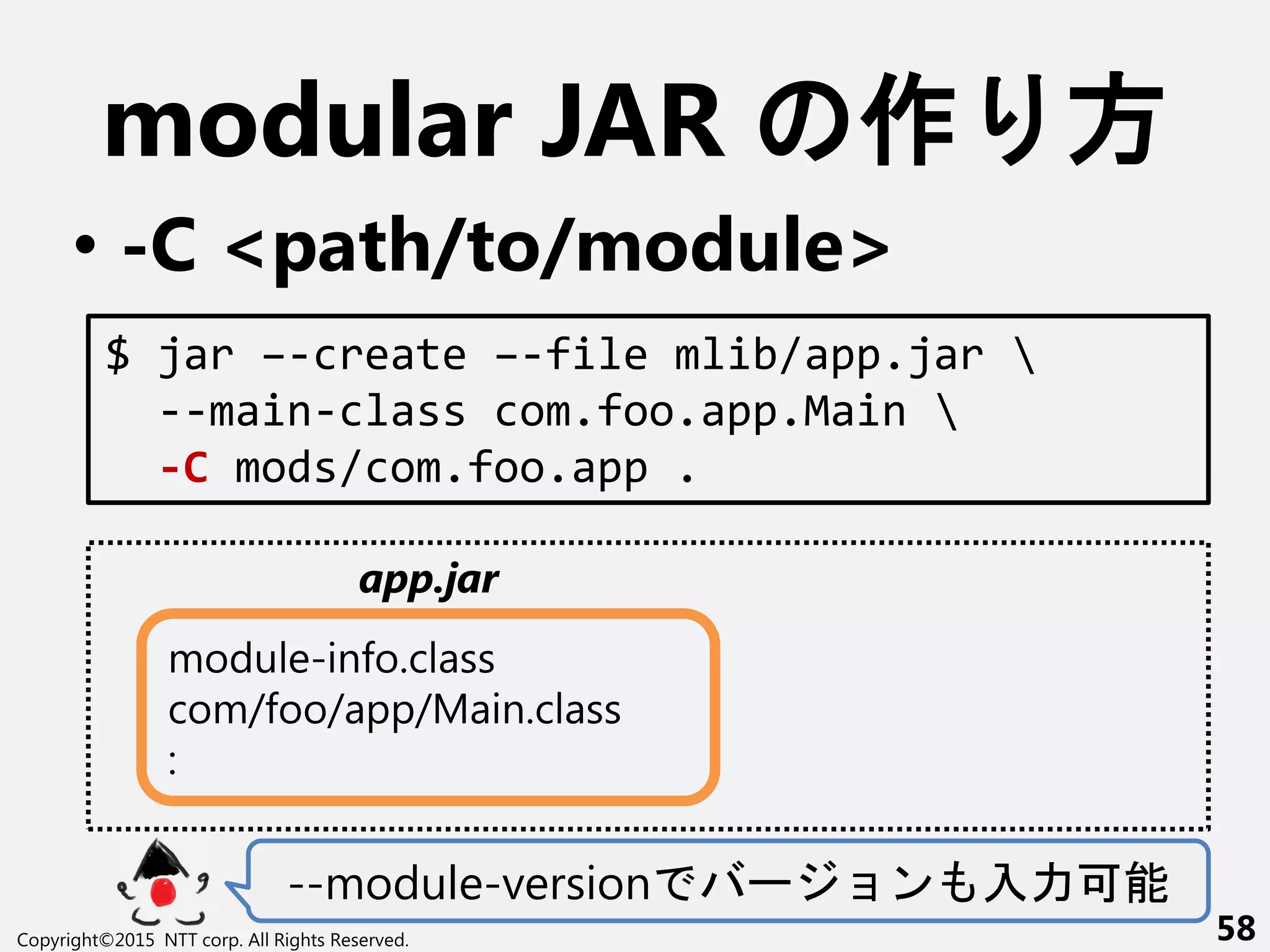 modular JAR 作 方
• -C <path/to/module>
--module-version ー ン 入力可能
Copyright©2015 NTT corp. All Rights Reserved. 58
$ jar –-create –-file mlib/app.jar 
--main-class com.foo.app.Main 
-C mods/com.foo.app .
module-info.class
com/foo/app/Main.class
:
app.jar
 