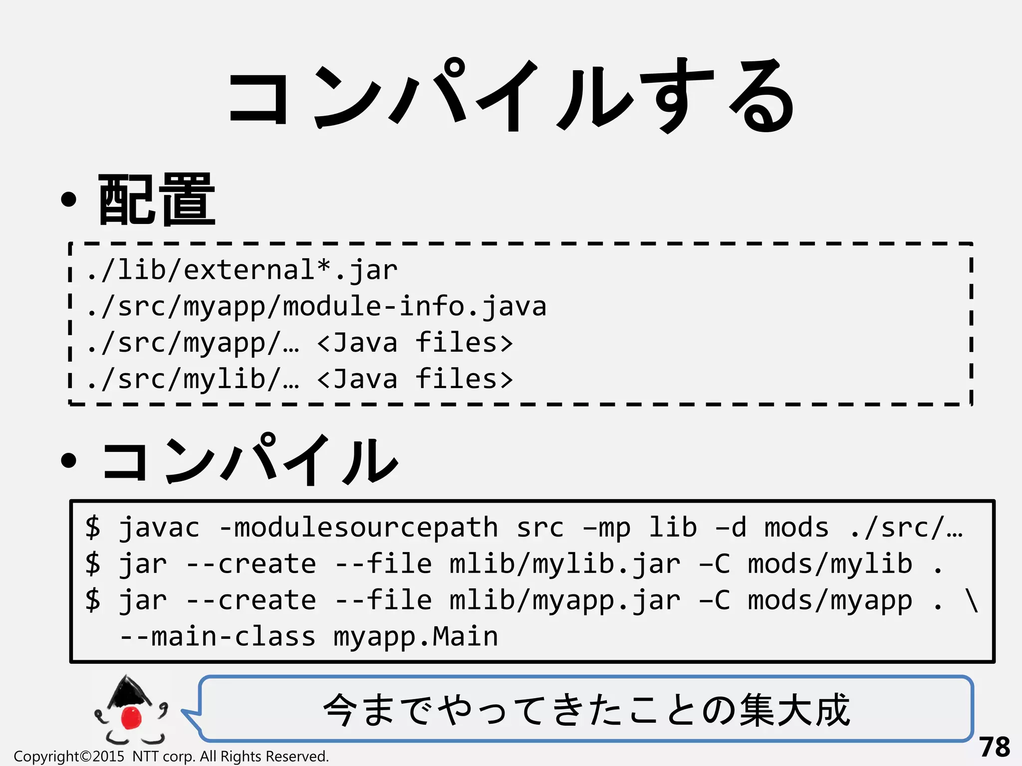 コン
• 配置
• コン
や 集大成
Copyright©2015 NTT corp. All Rights Reserved. 78
./lib/external*.jar
./src/myapp/module-info.java
./src/myapp/… <Java files>
./src/mylib/… <Java files>
$ javac -modulesourcepath src –mp lib –d mods ./src/…
$ jar --create --file mlib/mylib.jar –C mods/mylib .
$ jar --create --file mlib/myapp.jar –C mods/myapp . 
--main-class myapp.Main
 