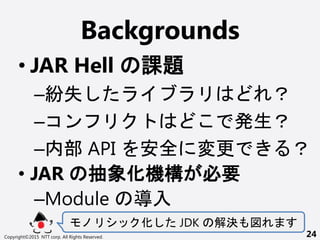 Backgrounds
? JAR Hell n}
Cʧ 
C 
Cڲ API ȫ  
? JAR 󻯙C Ҫ
CModule 
 JDK Q
Copyright?2015 NTT corp. All Rights Reserved. 24
 