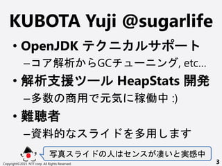 KUBOTA Yuji @sugarlife
? OpenJDK `
C  GC `  , etc
? ֧Ԯ ` HeapStats _
C  Ԫ ڃP :)
? y
CYϵ 
д   त g
Copyright?2015 NTT corp. All Rights Reserved. 3
 