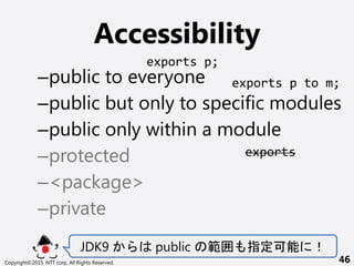 Accessibility
Cpublic to everyone
Cpublic but only to specific modules
Cpublic only within a module
Cprotected
C<package>
Cprivate
JDK9 public  ָ 
Copyright?2015 NTT corp. All Rights Reserved. 46
exports p;
exports p to m;
exports
 